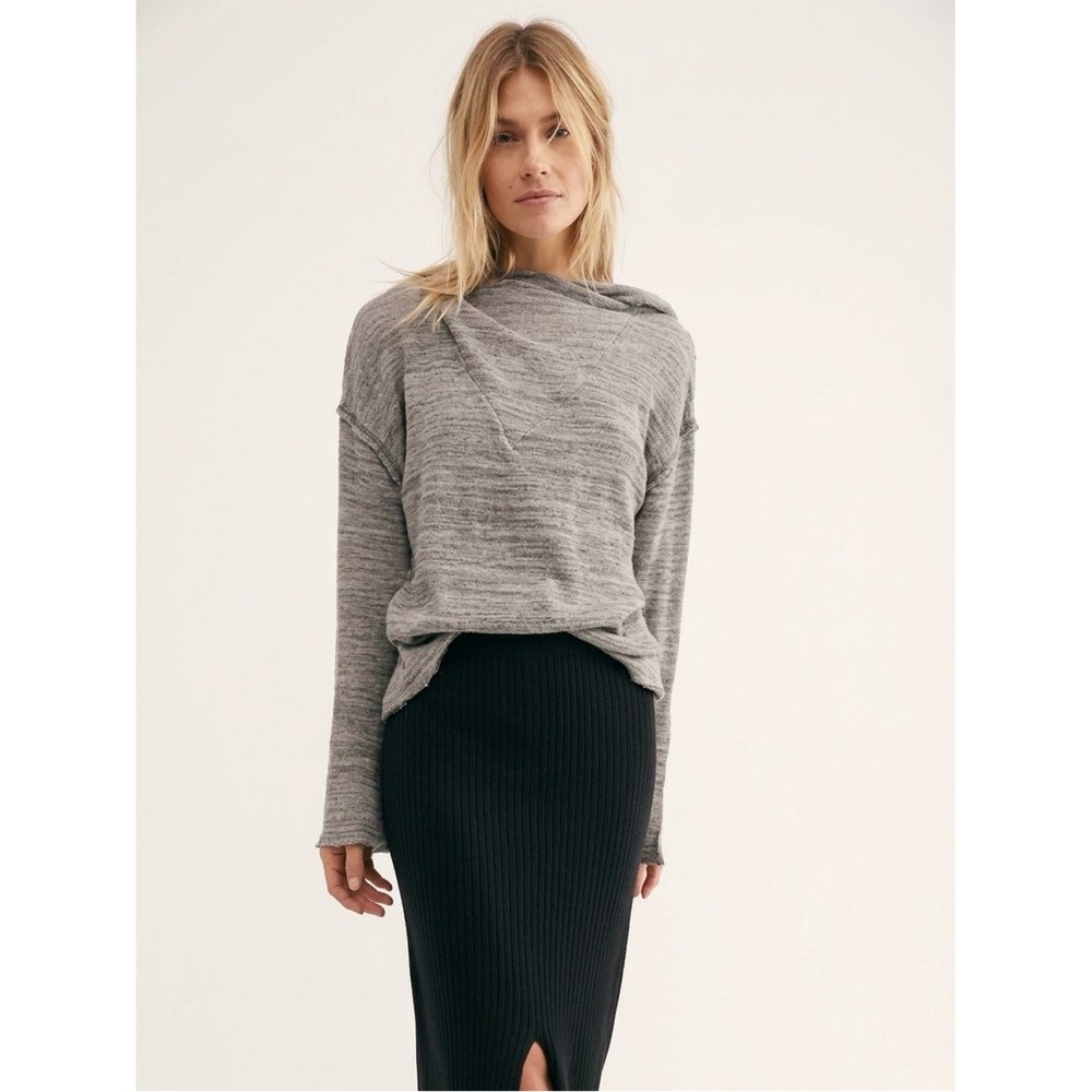Free People Beach Erica Waffle Knit Hoodie Top XS Grey Boho Oversized Neutral